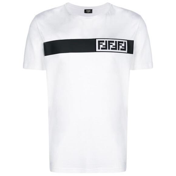 Fendi White Black Striped FF Logo Monogram Short Sleeve Cotton T-Shirt Large L - Picture 1 of 15